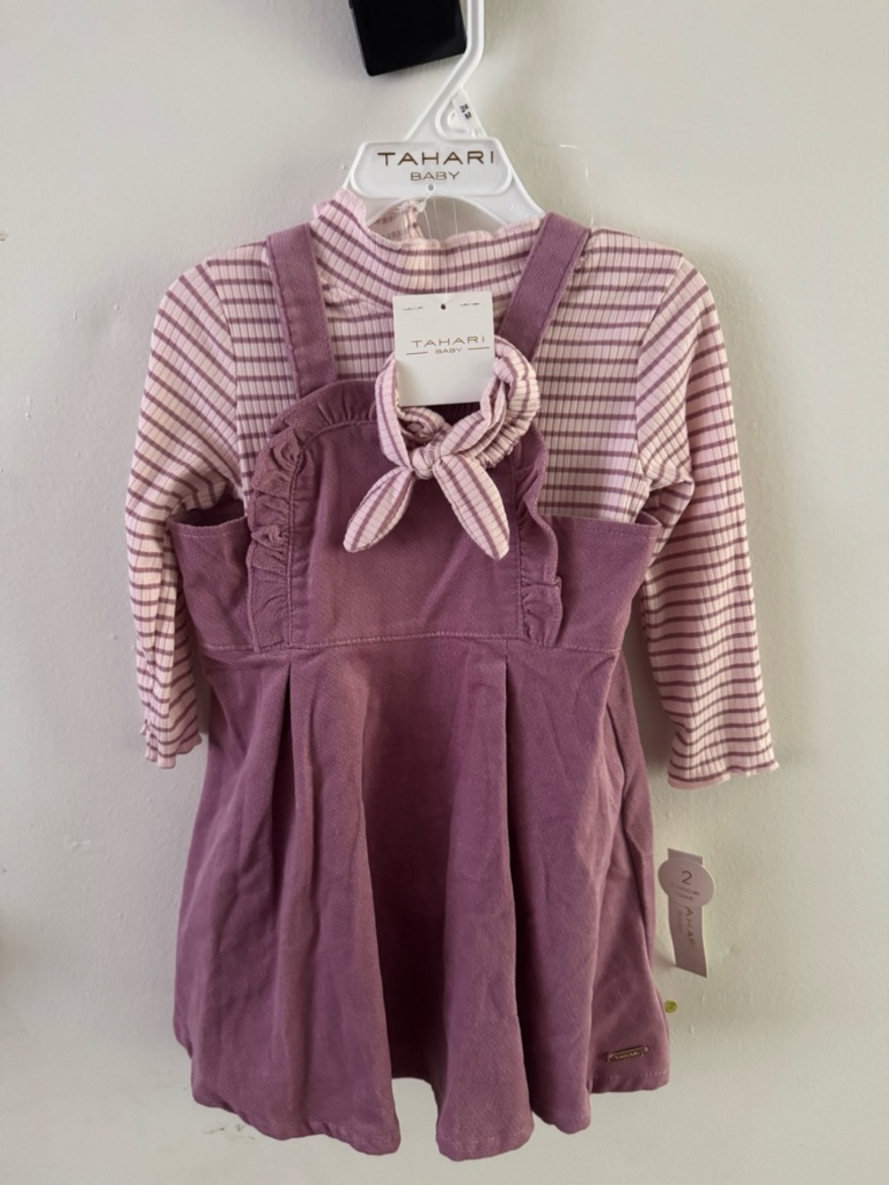 Tahari Baby Mauve Pinafore Dress with Striped Top